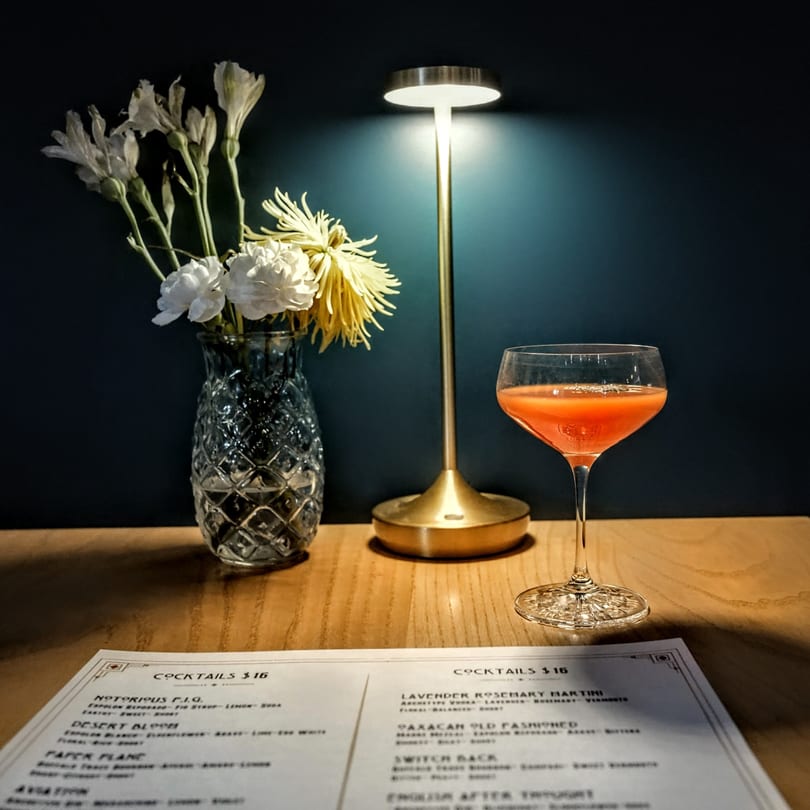 A cocktail, menu, flowers, and lamp on a wooden table against a dark blue wall.